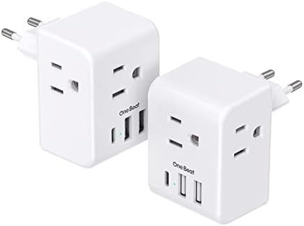 2 Pack European Travel Plug Adapter, International Power Plug Adapter with 3 Outlets 3 USB Charging Ports(1 USB C), Type C Plug Adapter Travel Essentials to Most Europe EU Spain Italy France Germany