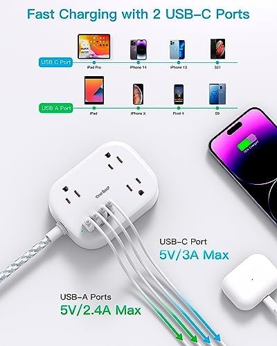 Cruise Ship Essentials, Travel Power Strip with USB C, Flat Plug Extension Cord with 3 Outlets 4 USB Ports(2 USB C), 5 ft Desk Wall Outlet Extender, Non Surge Protector for Cruise, Dorm Room, ETL - Image 5