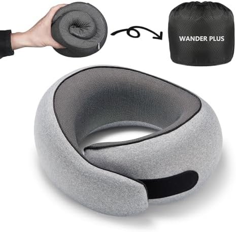 WANDER PLUS® Travel Pillow, 100% Pure Memory Foam Travel Neck Pillow Airplane Neck Support Ergonomic Design Best for Sleeping Plane Car Train Office Flight for Adults Grey