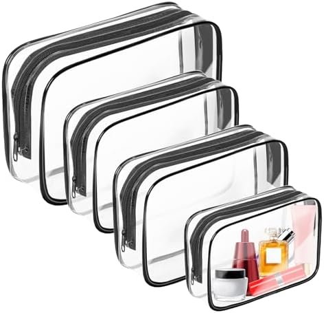 AURUZA 4 Pack Clear Toiletry Bag, Portable Travel Makeup Pouch with Zipper, TSA Approved Organizer, PVC Cosmetic for Airport Airline Compliant