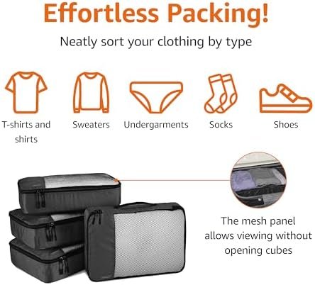 Amazon Basics Lightweight Packing Cubes for Travel, 4 Piece Set With Double Zipper Pulls and Mesh Top Panel, 100% Durable Polyester, Medium, Black - Image 2