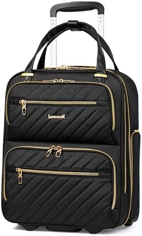 LUGGEX Underseat Carry On Luggage with Wheels, Stylish Lightweight Under Seat Luggage, Soft Sided Personal Item Suitcase for Short Trip (Black, 16 Inch)