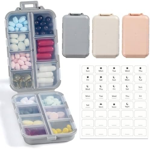 3 Pack, 14 GRIDS Travel Pill Organizer Box with Labels - Travel Medicine Case Kit - Pocket Daily Pharmacy Container - Travel Medication Holder Dispenser for Fish Oil Vitamin Supplement Storage