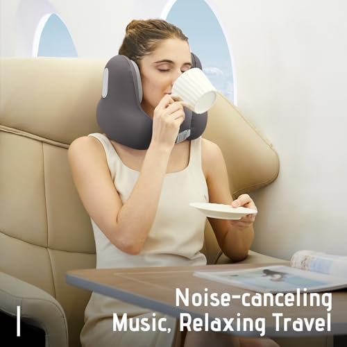 Travel Neck Pillow with Bluetooth Headset, Memory Foam Airplane Pillow for Head Support, Ergonomic Design Traveling Music Pillow for Home, Flight, Car with Adjustable Buckle and Drawstring Bag(Grey) - Image 5