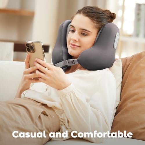 Travel Neck Pillow with Bluetooth Headset, Memory Foam Airplane Pillow for Head Support, Ergonomic Design Traveling Music Pillow for Home, Flight, Car with Adjustable Buckle and Drawstring Bag(Grey) - Image 6