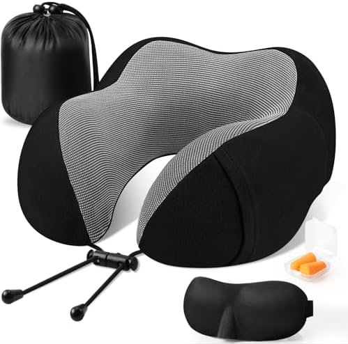 CloudBliss Travel Pillow Premium Memory Foam, Comfortable & Supportive Neck Pillow, Sleeping Neck Pillows for Travel, Airplane Pillow for Sleeping Airplane, Car, Office and Home（Black）