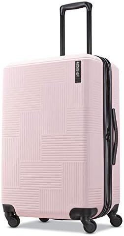 American Tourister Stratum XLT Expandable Hardside Luggage with Spinner Wheels, Pink Blush, Checked-Medium 24-Inch