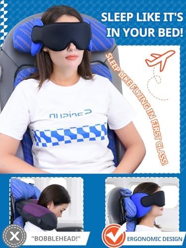 Travel Pillows for Airplanes, Airplane Pillow for Long Flight, Airplane Head Strap with Eye Mask for Sleep, Travel Neck Pillow for Car Road Trip, 360° Support Headrest, Stop Bobblehead, Black - Image 2