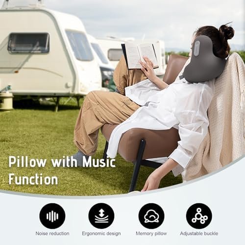 Travel Neck Pillow with Bluetooth Headset, Memory Foam Airplane Pillow for Head Support, Ergonomic Design Traveling Music Pillow for Home, Flight, Car with Adjustable Buckle and Drawstring Bag(Grey) - Image 2