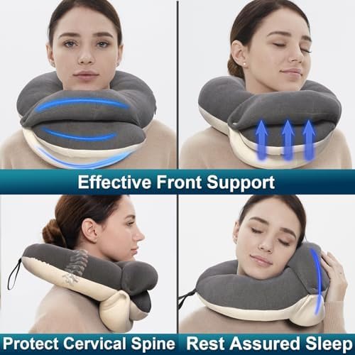 BUYUE Travel Neck Pillows for Airplanes, 360° Head Support Sleep for Long Flight, Skin-Friendly & Breathable, Kit with 3D Contoured Eye Mask, Earplugs and Storage Bag (Adult, Grey, 100+ lbs) - Image 2