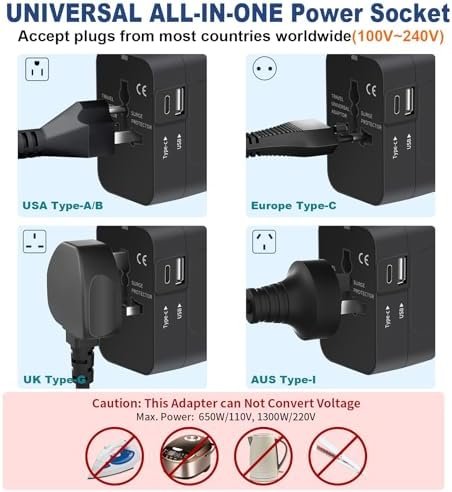 Travel Adapter with USB C, Universal All in One Worldwide Travel Adapter Power Converters Wall Charger AC Power Plug Adapter USB Type C Charging Ports for USA EU UK AUS Black - Image 4