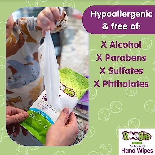 Antibacterial Hand Wipes by Boogie, Alcohol Free, Hypoallergenic and Moisturizing Aloe, Hand Wipes for Kids and Adults, 5 Packs of 20 (100 Total Wipes) - Image 3